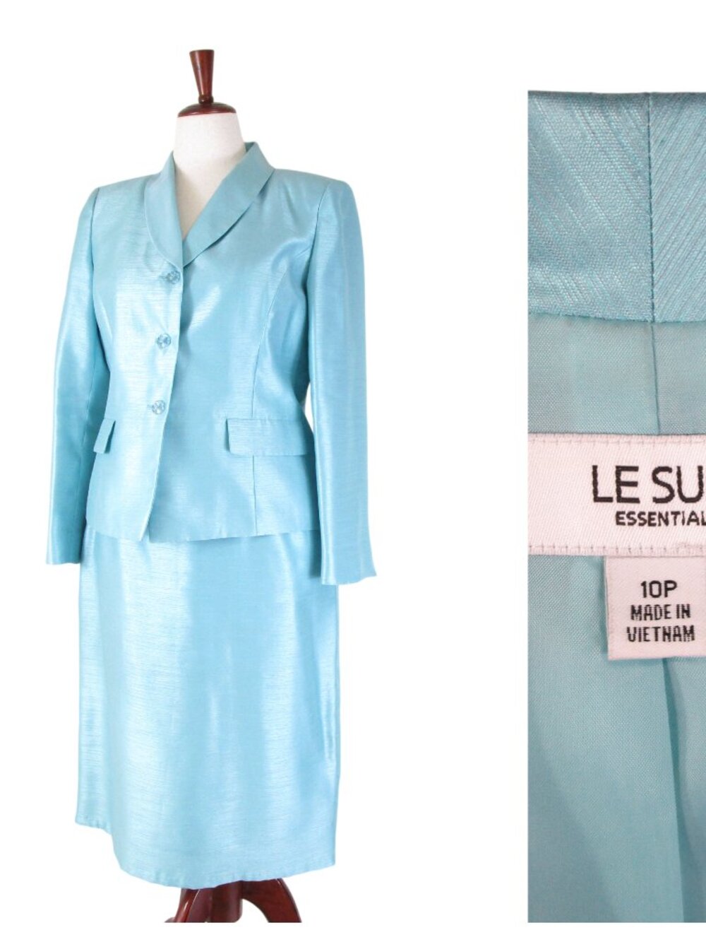 Le Suit Womens Petite Aqua Blue Skirt Suit Size 10P 12P Formal Business Career